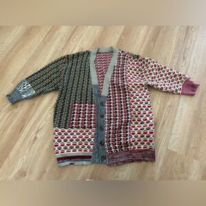 Patchwork Knit Cardigan in Red, Gray, Red and Tan